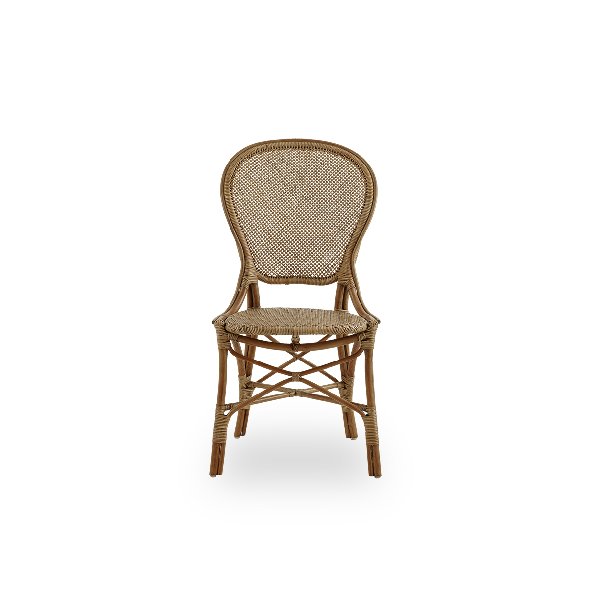 Frontansicht des Rossini Essstuhls in Antikbraun.
Eleganter Flechtstuhl mit runder Rückenlehne in schlichtem Design. Handgefertigt aus hochwertigem Rattan.