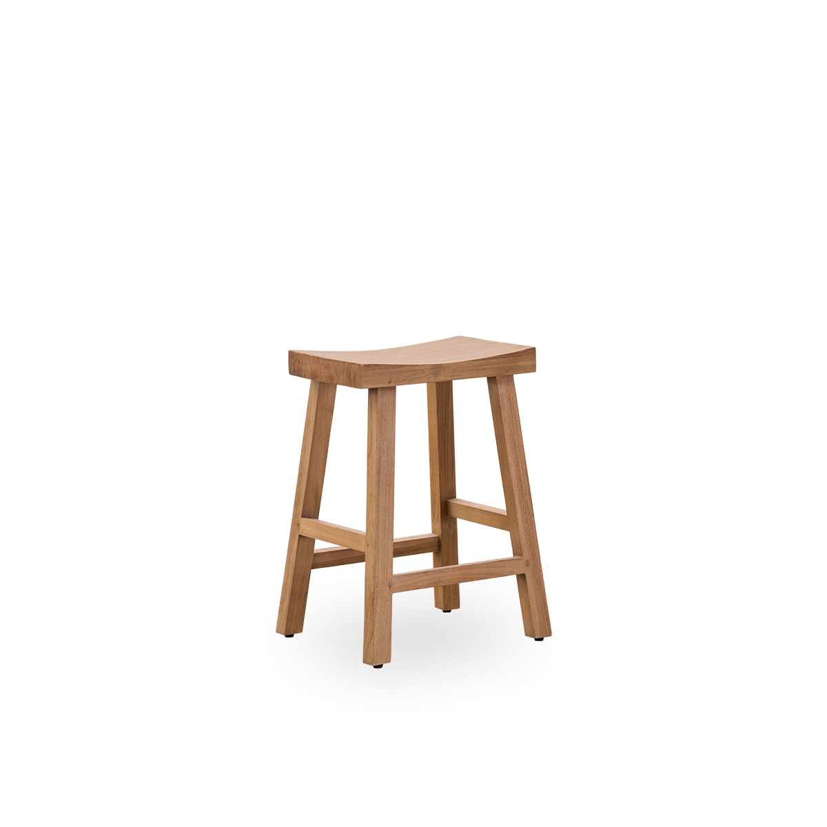 Seitenansicht des Charles Barhockers, ein eleganter Hocker aus patiniertem Teak, gefertigt aus legalem indonesischem Holz, mit rustikalem Finish.