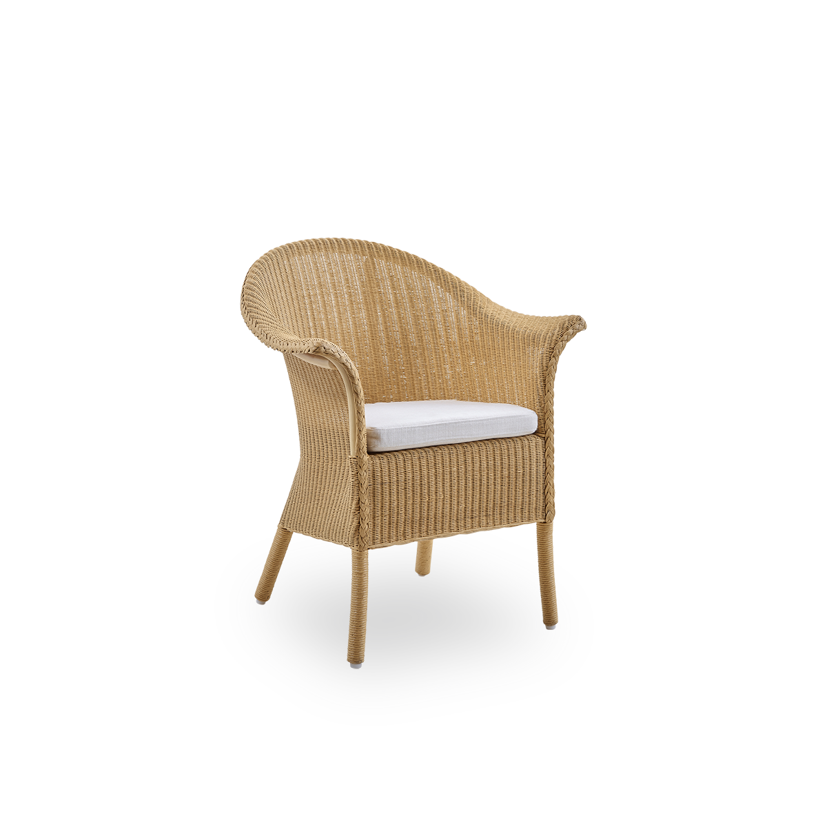 Seitenansicht des Classic Essstuhls, ein vollständig geflochtener Essstuhl aus Lloyd Loom-Material, handgefertigt. Der Classic-Stuhl verfügt über Armlehnen und eine hohe Rückenlehne für zusätzlichen Komfort und Halt.