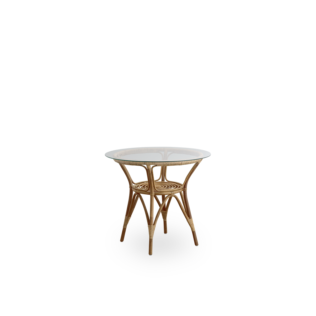 Seitenansicht des Tony Rattan-Café-Tisches in Antique Brown mit 8 mm gehärteter Glasplatte. Rattanrahmen handgefertigt aus hochwertigem indonesischem Rattan.