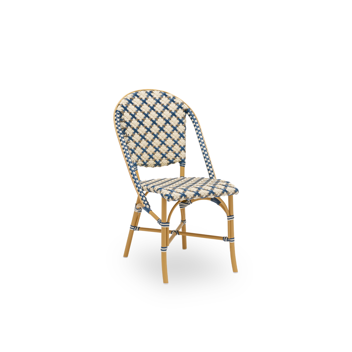 Dies ist ein Nahaufnahmebild von Sofie in almond aluminium frame starweave ivory navy blue cappuccino artfibre.