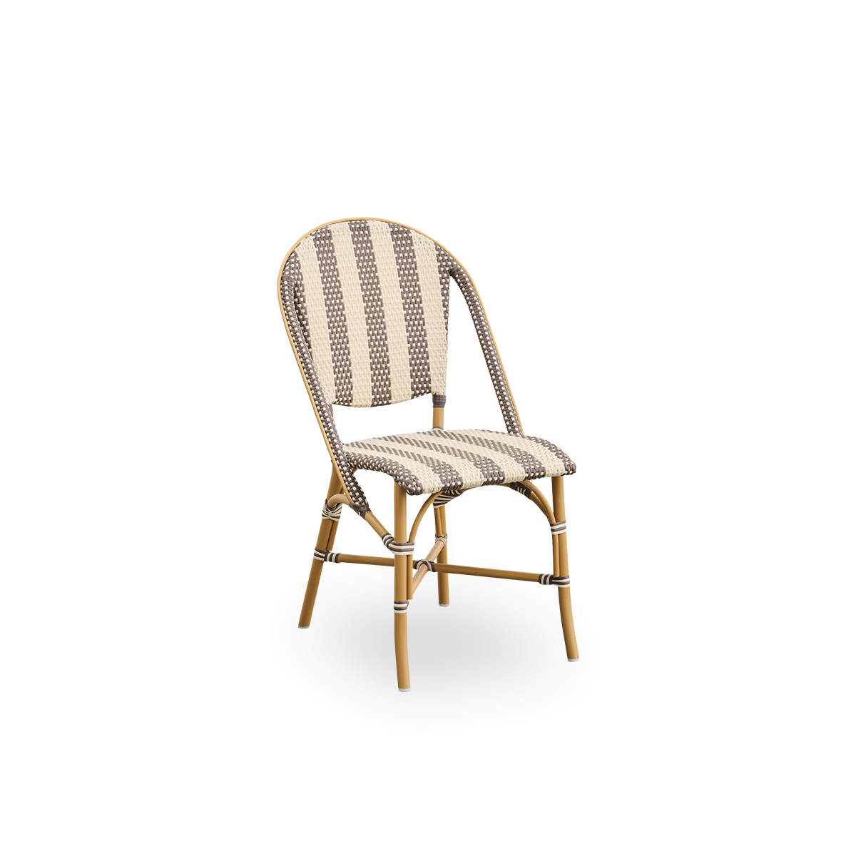 Seitenansicht des Sofie Outdoor-Essstuhls, inspiriert vom französischen Café-Stil. Aluminiumrahmen in Mandel-Farbe mit vollständig geflochtenem Sitz und Rückenlehne, handgefertigt aus ArtFibre mit breiten Streifen in Elfenbein und Braun. Stapelbarer Outdo