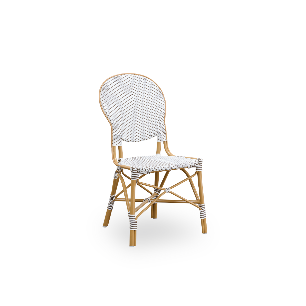 Seitenansicht des Isabell Outdoor-Esstuhls. Rahmen aus mandelfarbenem Aluminium mit Sitz und Rückenlehne aus weißem ArtFibre mit braunen Punkten. Inspiriert vom Bistro-Design der 1950er Jahre.