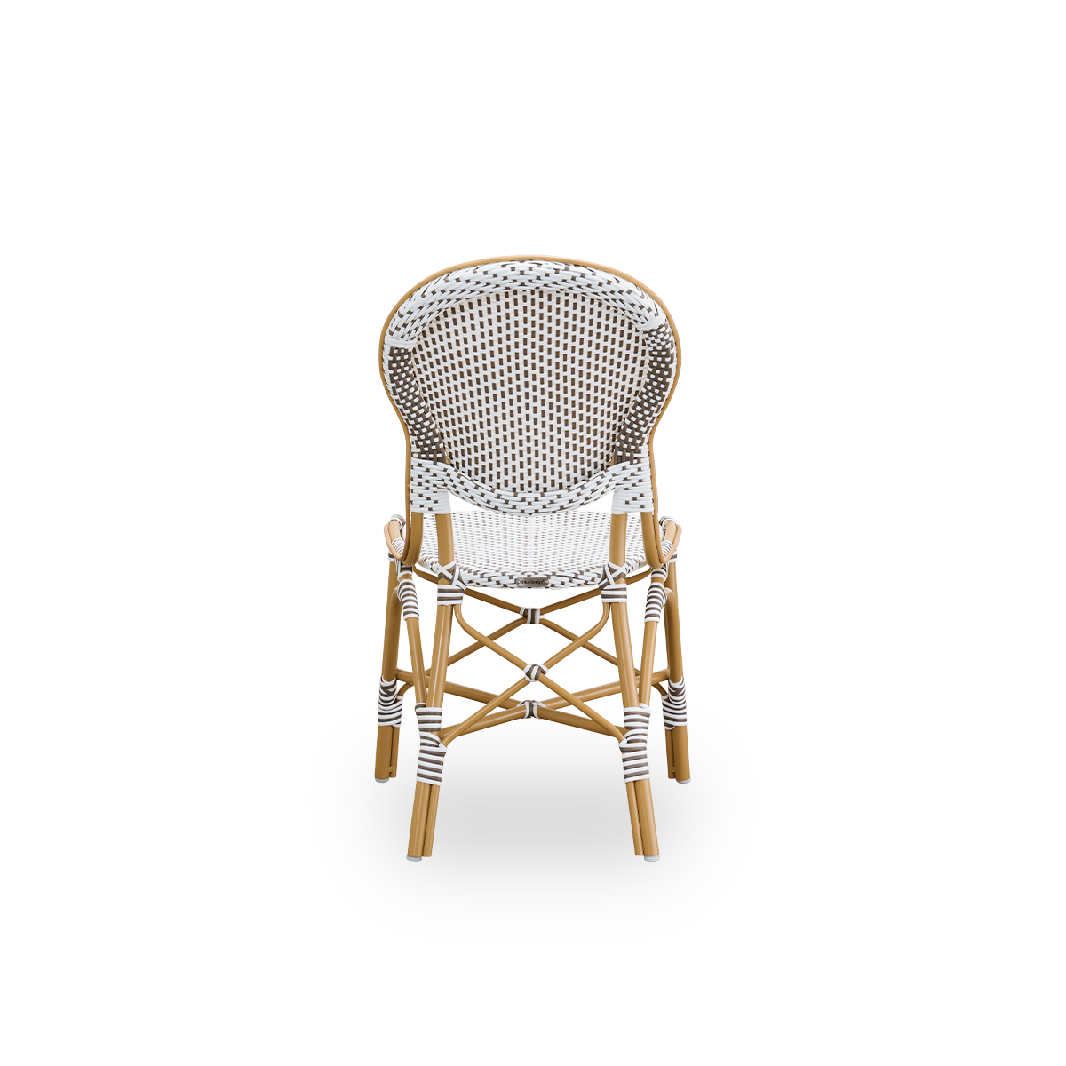 Rückansicht des Isabell-Outdoor-Essstuhls. Aluminiumrahmen in Mandelfarbe mit Sitz und Rückenlehne aus weißem ArtFibre mit braunen Punkten. Inspiriert vom Bistrodesign der 1950er-Jahre.