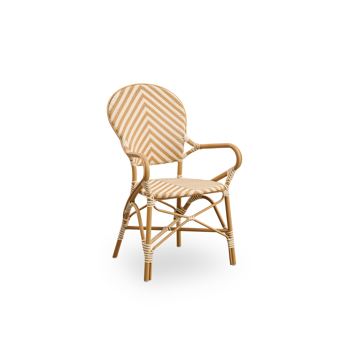 Seitenansicht des Isabell Outdoor-Esstuhls. Rahmen aus mandelfarbenem Aluminium mit Sitz und Rückenlehne aus ArtFibre in Elfenbein mit Fischgrätmuster in Honigfarbe.