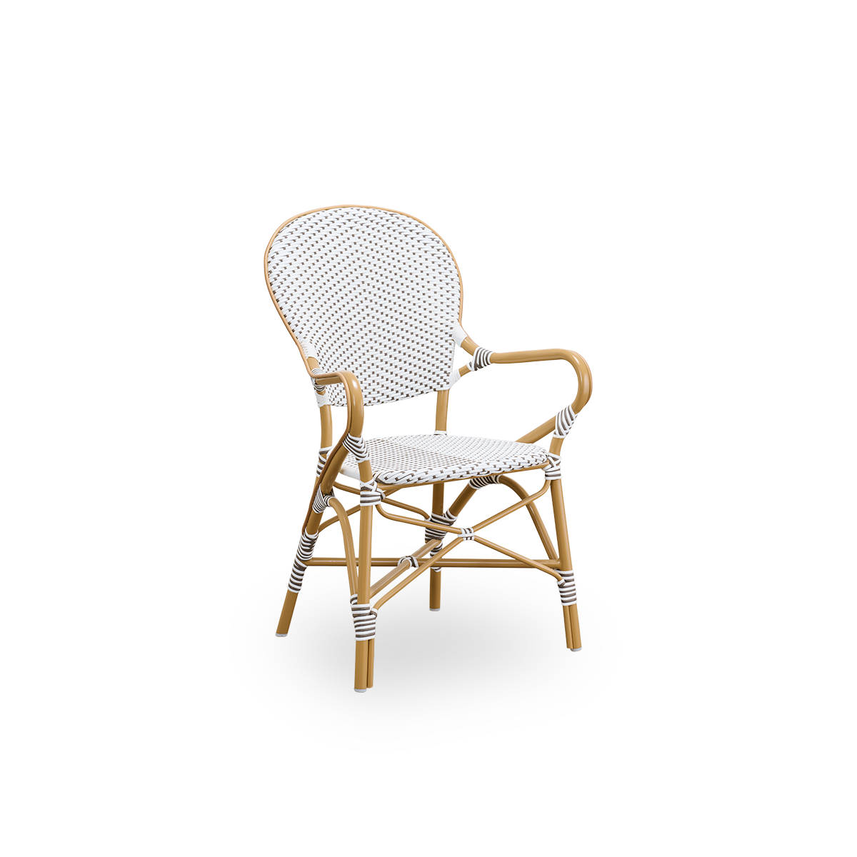 Seitenansicht des Isabell Outdoor-Esstuhls. Rahmen aus mandelfarbenem Aluminium mit Sitz und Rückenlehne aus weißem ArtFibre mit braunen Punkten. Inspiriert vom Bistro-Design der 1950er Jahre.