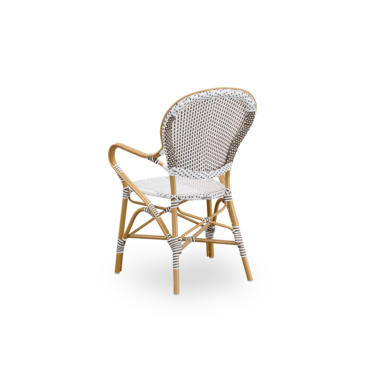 Rückansicht des Isabell Outdoor-Esszimmerstuhls mit Armlehnen.
Almondfarbenes Aluminiumgestell mit Sitz und Rückenlehne aus weißem ArtFibre mit braunen Punkten. Inspiriert vom Bistrodesign der 1950er Jahre.