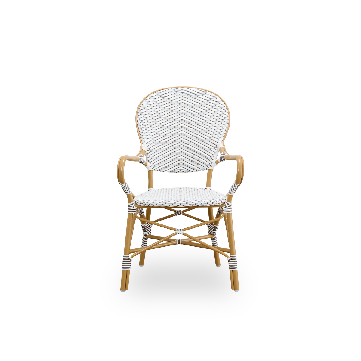 Vorderansicht des Isabell Outdoor-Esssessels mit Armlehnen.
Almondfarbenes Aluminiumgestell mit Sitz und Rückenlehne aus weißer ArtFibre mit braunen Punkten. Inspiriert vom Bistrodesign der 1950er Jahre.
