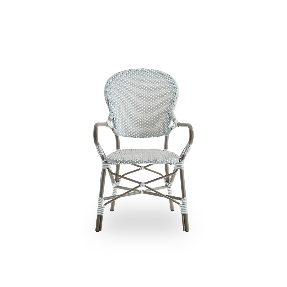 Vorderansicht des Isabell Outdoor-Esssessels mit Armlehnen.
Taupefarbenes Aluminiumgestell mit Sitz und Rückenlehne aus grauer ArtFibre mit weißen Punkten. Inspiriert vom Bistrodesign der 1950er Jahre.