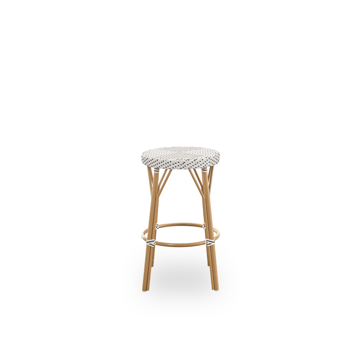 Seitenansicht des Simone Outdoor-Thekenstuhls, Höhe 68 cm. Aluminiumrahmen in Mandel-Farbe mit Fußstütze, mit vollständig geflochtenem rundem Sitz handgefertigt aus ArtFibre in Weiß mit braunen Punkten. Stapelbarer Thekenstuhl.