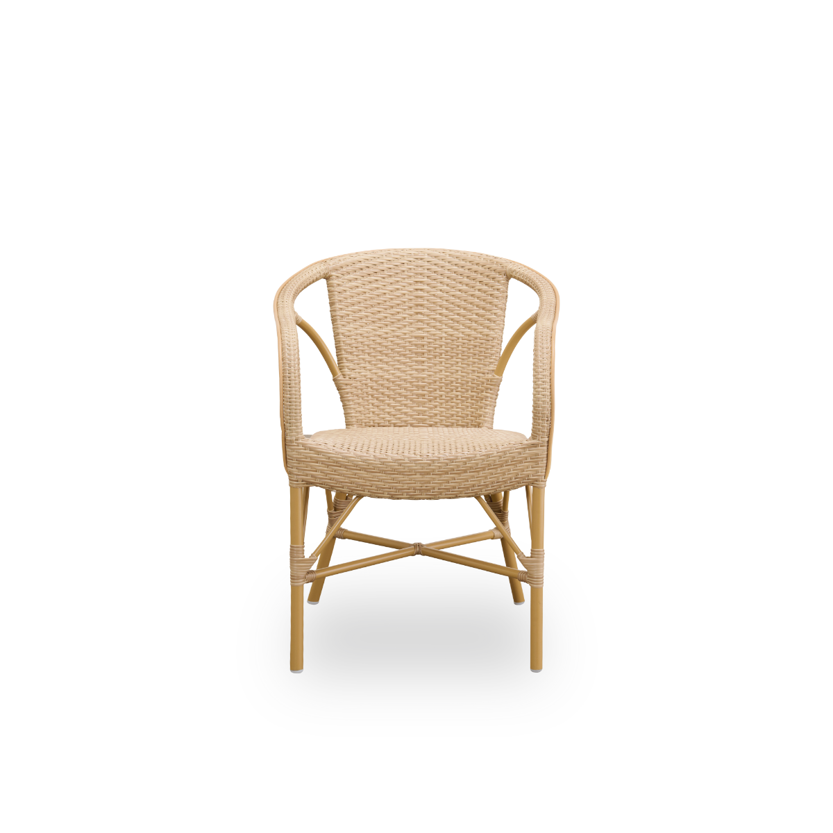 Vorderansicht des Madeleine Outdoor-Esszimmerstuhls mit Armlehnen.
Aluminiumrahmen in Mandel-Farbe mit Sitz und Rückenlehne aus ArtFibre in Naturfarbe geflochten.