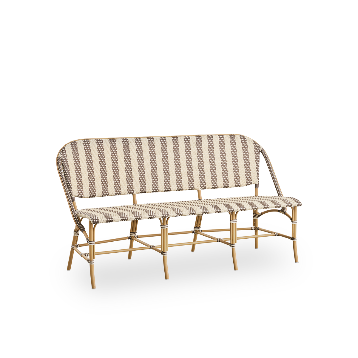 Seitenansicht der Sofie Outdoor-Bank, inspiriert vom französischen Café-Stil. Rattanrahmen mit vollständig geflochtenem Sitz und Rückenlehne, handgefertigt aus ArtFibre mit breiten Streifen in Elfenbein und Braun. Stapelbare Rattan-Bistrobank.