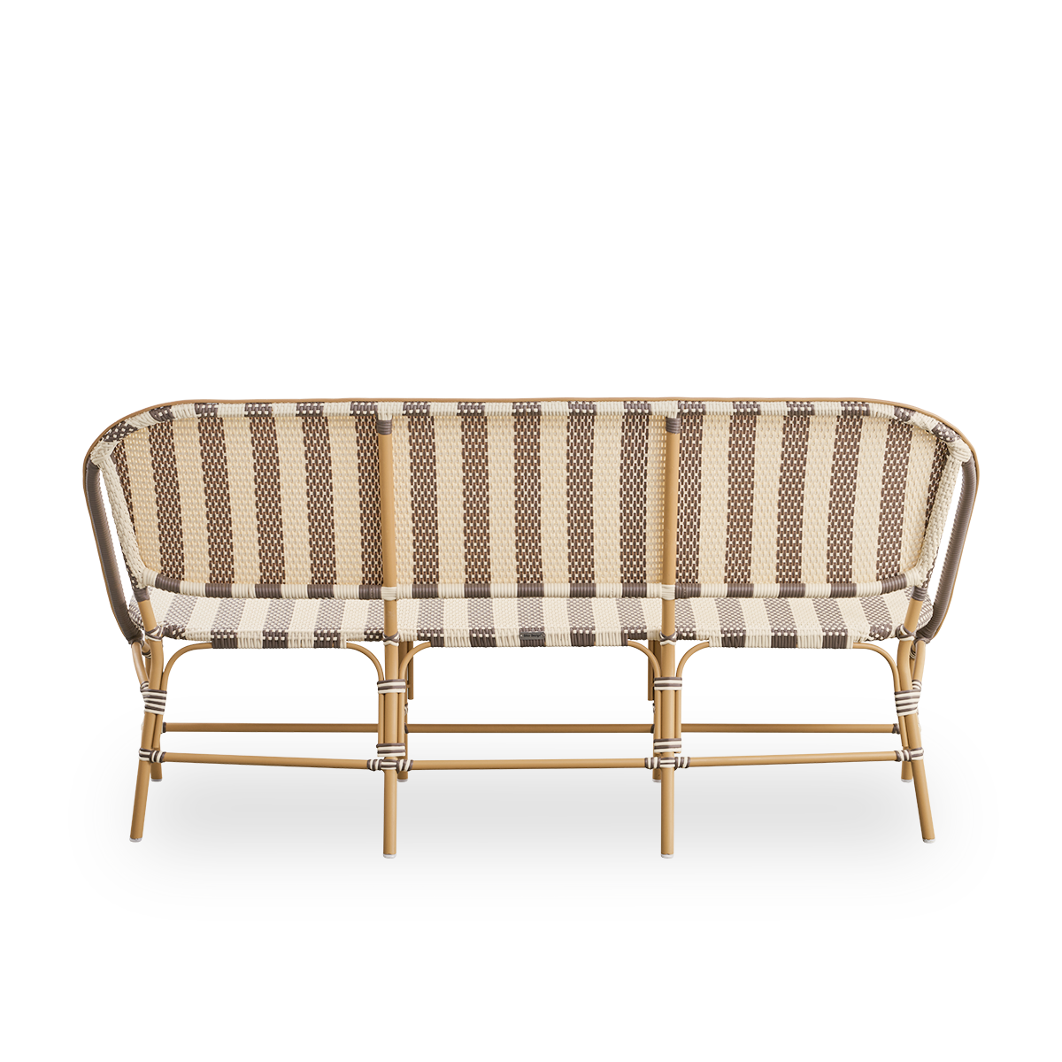 Einfache Rückansicht der Sofie Outdoor-Bank, inspiriert vom französischen Café-Stil. Rattanrahmen mit vollständig geflochtenem Sitz und Rückenlehne, handgefertigt aus ArtFibre im breiten Streifenmuster in den Farben Ivory und Brown. Stapelbare Rattan-Bist