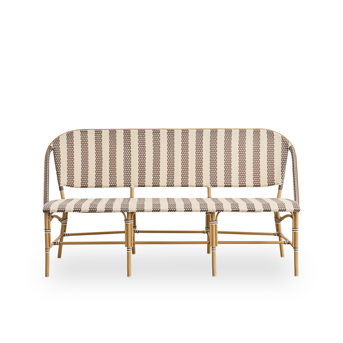 Frontansicht der Sofie Outdoor-Bank im französischen Caféstil.
Rattangestell mit vollständig geflochtenem Sitz und Rückenlehne, handgefertigt aus ArtFibre mit einem breit gestreiften Muster in Elfenbein und Braun. Stapelbare Rattan-Bistrobank.