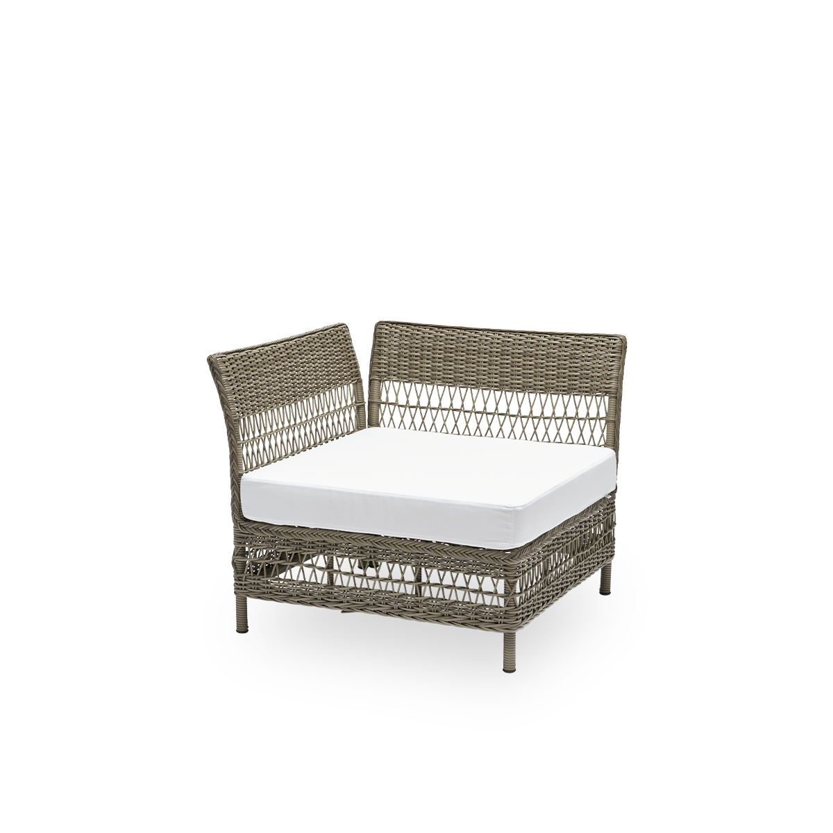Seitenansicht des Mona Outdoor-Sofas, Eckmodul mit Sitzkissen, aus antikgrauem ArtFibre und Aluminium. Teil des modularen Mona Sofas, das sich der Form des Außenbereichs anpasst.