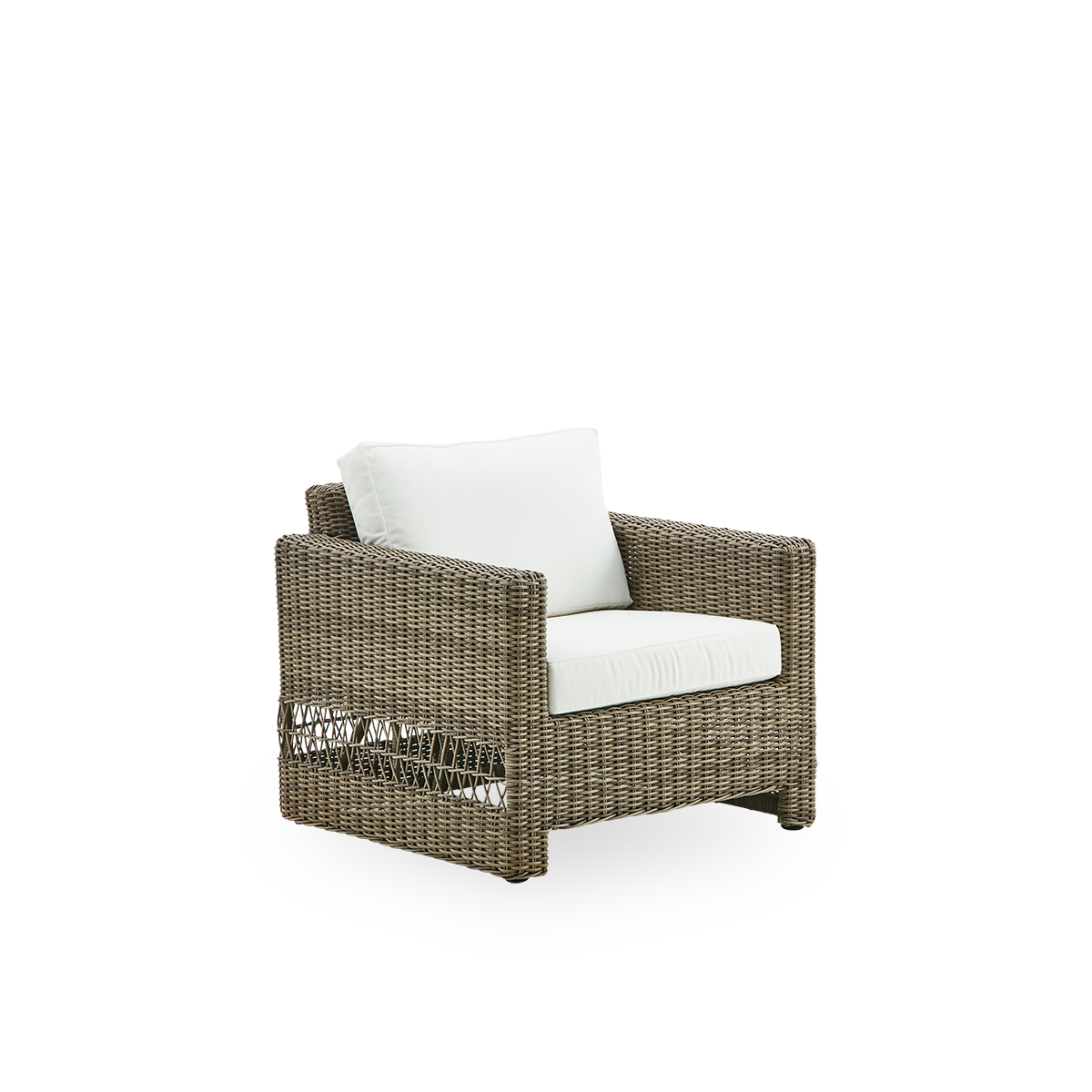 Seitenansicht des Carrie Outdoor-Loungestuhls in der Farbe Antique Grey. Quadratischer, robuster Loungestuhl mit Aluminiumrahmen, vollständig in ArtFibre geflochten.