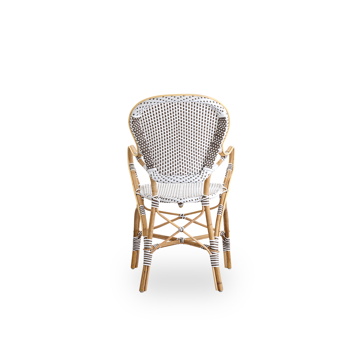 Rückansicht des Isabell-Essstuhls mit Armlehnen. Rattanrahmen mit Sitz und Rückenlehne aus weißem ArtFibre mit braunen Punkten. Inspiriert vom Bistrodesign der 1950er-Jahre.