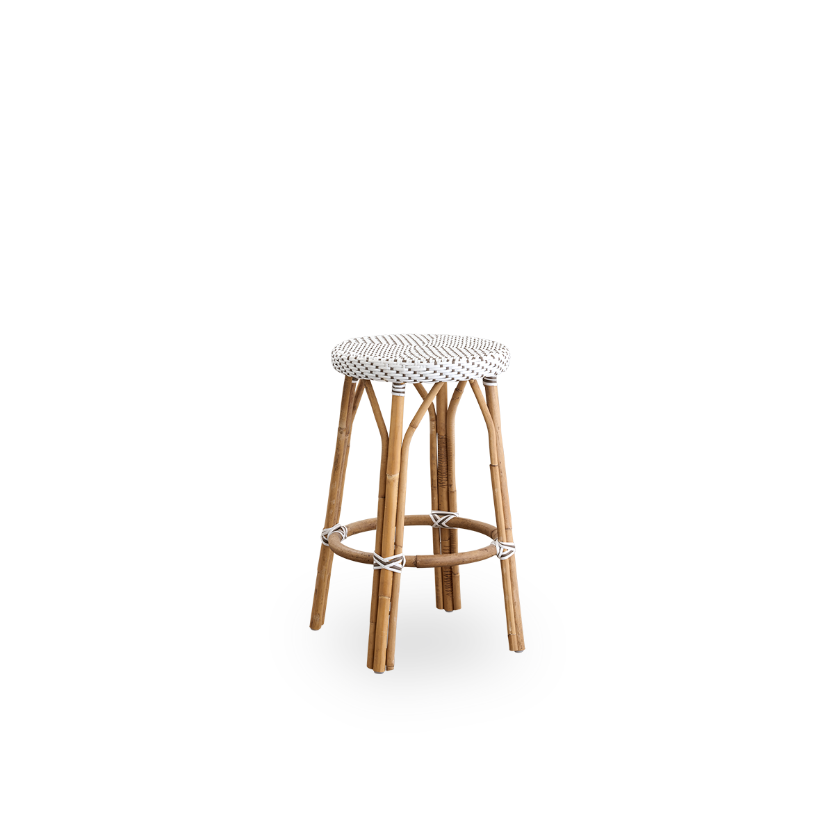 Seitenansicht des Simone Thekenstuhls, Höhe 68 cm. Rattanrahmen mit Fußstütze und vollständig geflochtenem rundem Sitz, handgefertigt aus weißem ArtFibre mit braunen Punkten. Stapelbarer Thekenstuhl.