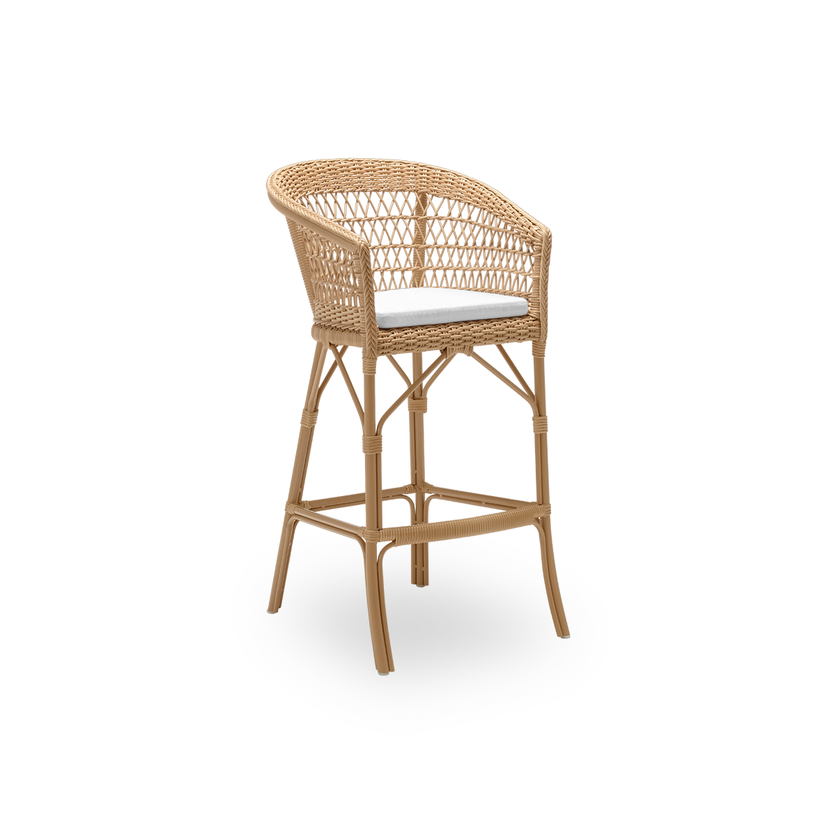 Seitenansicht des Emma Outdoor-Barhockers mit Sitzkissen, aus naturfarbenem ArtFibre und Aluminium. Aus der Georgia Garden Kollektion von Sika-Design, geeignet für Privathaushalte ebenso wie für Hotels und Restaurants.