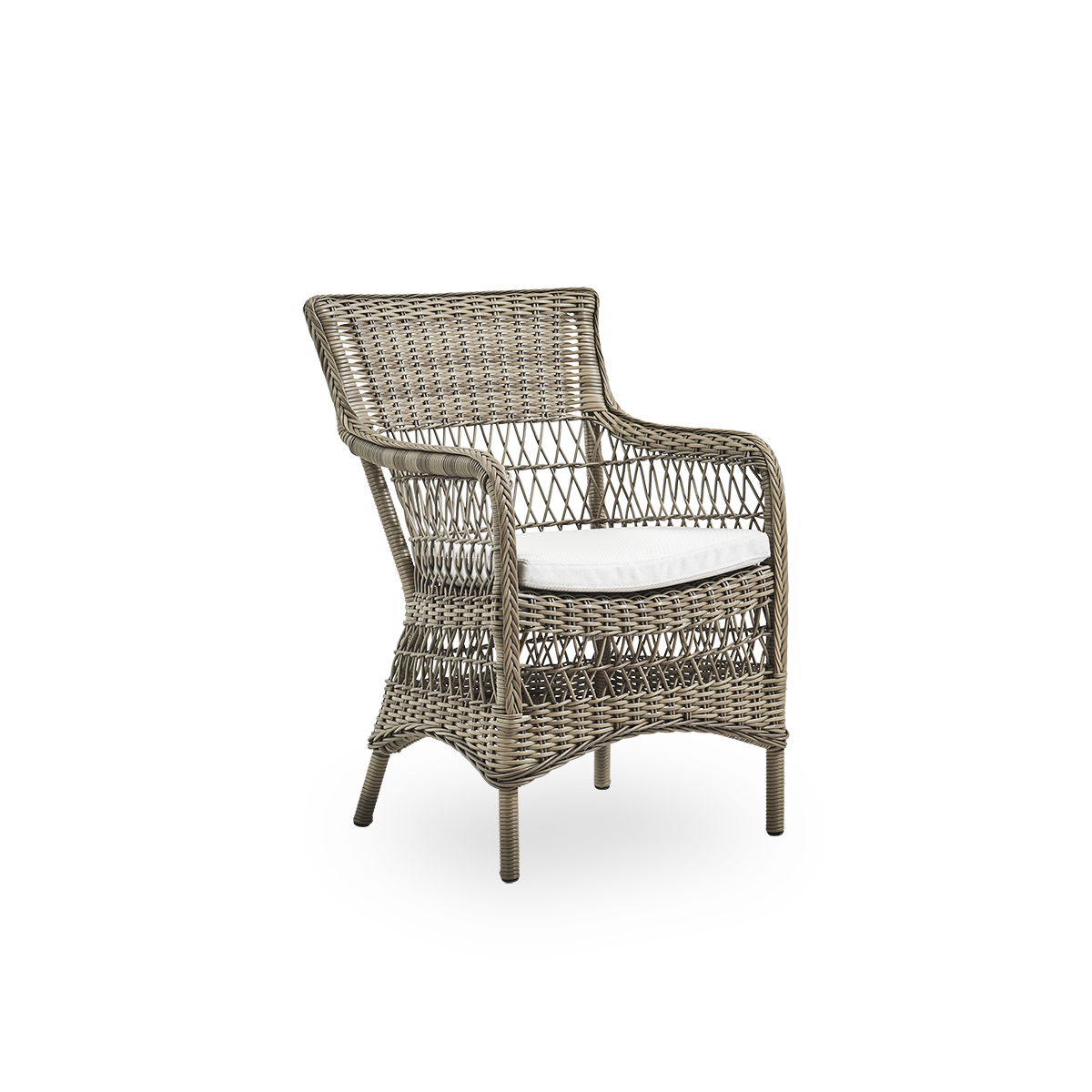 Seitenansicht des Marie Outdoor-Essstuhls mit Armlehnen in Antique Grey-Farbe. Aluminiumrahmen vollständig mit ArtFibre geflochten, inspiriert vom britischen Kolonialstil.