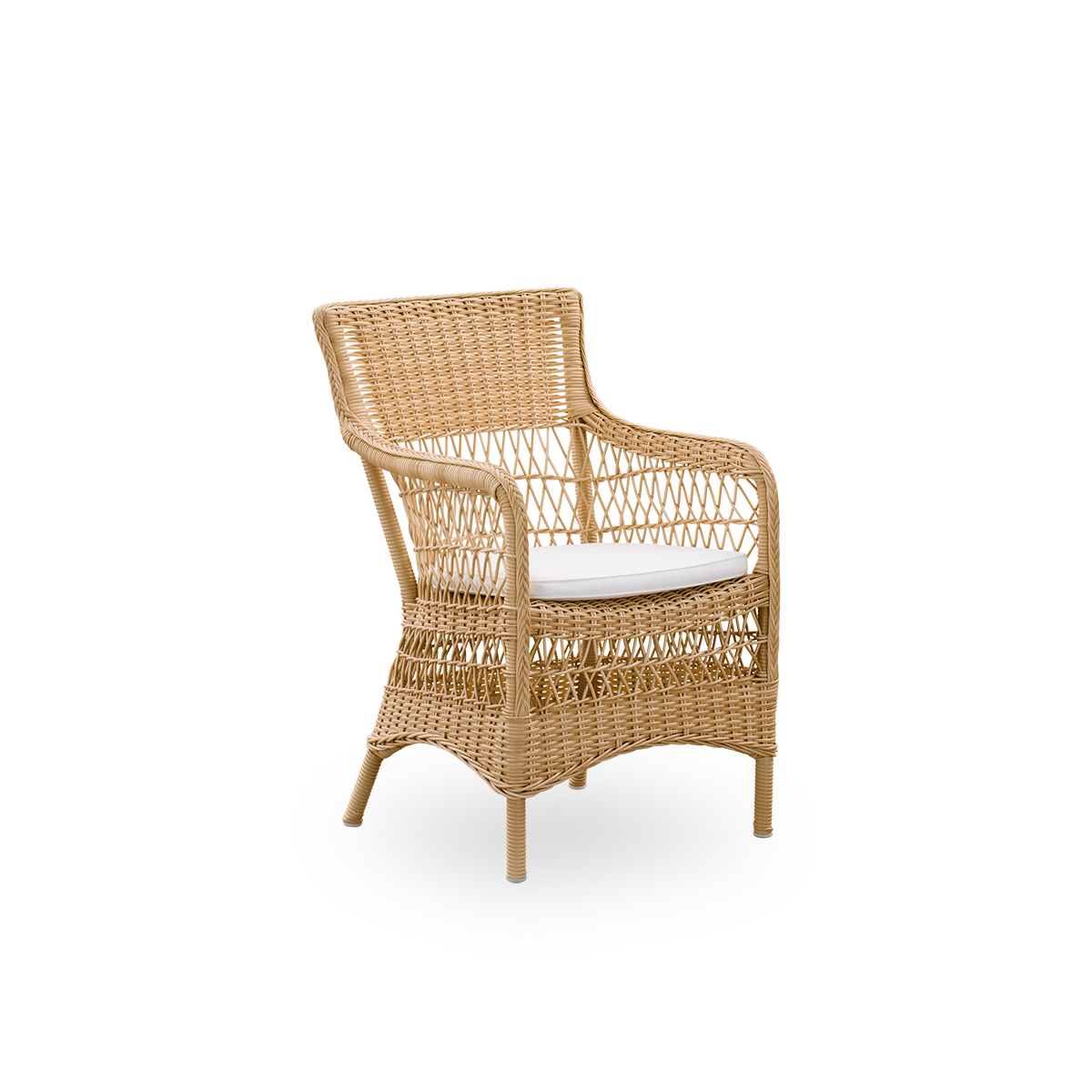 Seitenansicht des Marie Outdoor-Essstuhls mit Armlehnen in Natural-Farbe. Aluminiumrahmen vollständig mit ArtFibre geflochten, inspiriert vom britischen Kolonialstil.
