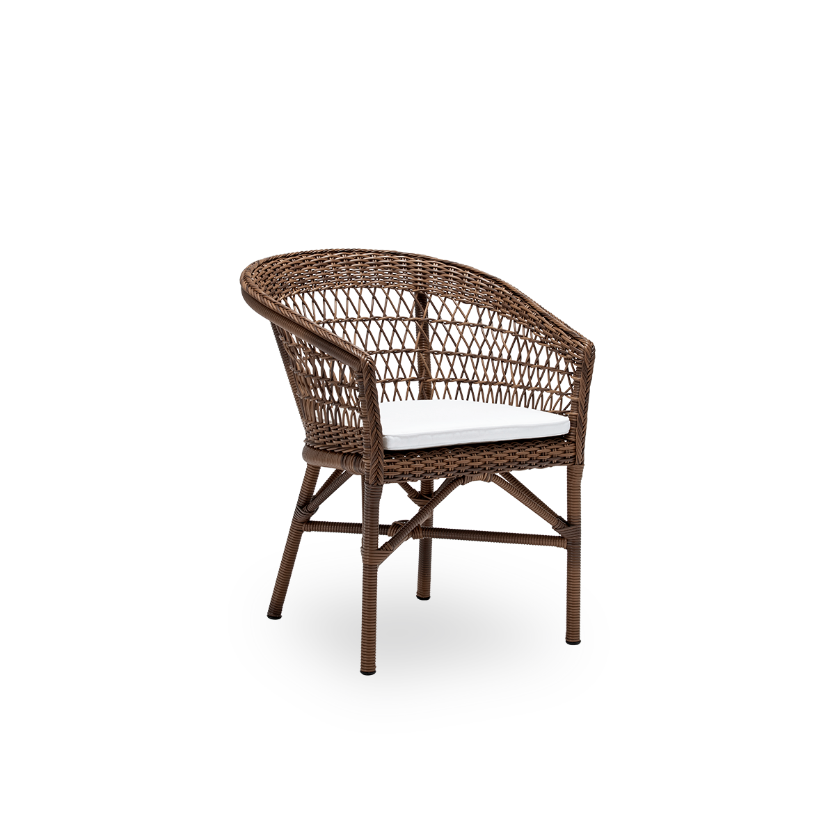 Seitenansicht des Emma Outdoor-Esszimmerstuhls mit Sitzkissen, aus braunem ArtFibre und Aluminium. Aus der Georgia Garden Kollektion von Sika-Design, inspiriert vom britischen Kolonialstil und klassischen dänischen Flechtmöbeln.