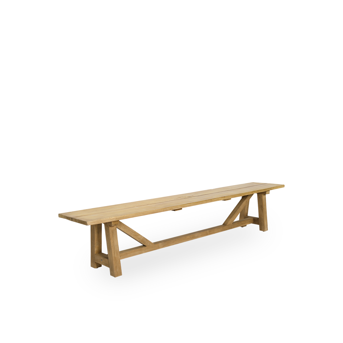 Seitenansicht der George Outdoor-Teakbank. Länge 220 cm, geeignet für 4 Personen, handgefertigt aus hochwertigem indonesischem Teakholz, zertifiziert als „Indonesian Legal Wood“.