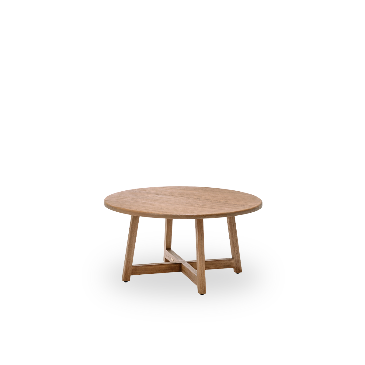 Seitenansicht des Aksel Couchtisches, Ø100 cm, aus Teakholz mit natürlicher, patinierter Oberfläche. Oberflächenbehandelt, um die natürliche Maserung hervorzuheben, mit charmant rustikaler Anmutung.