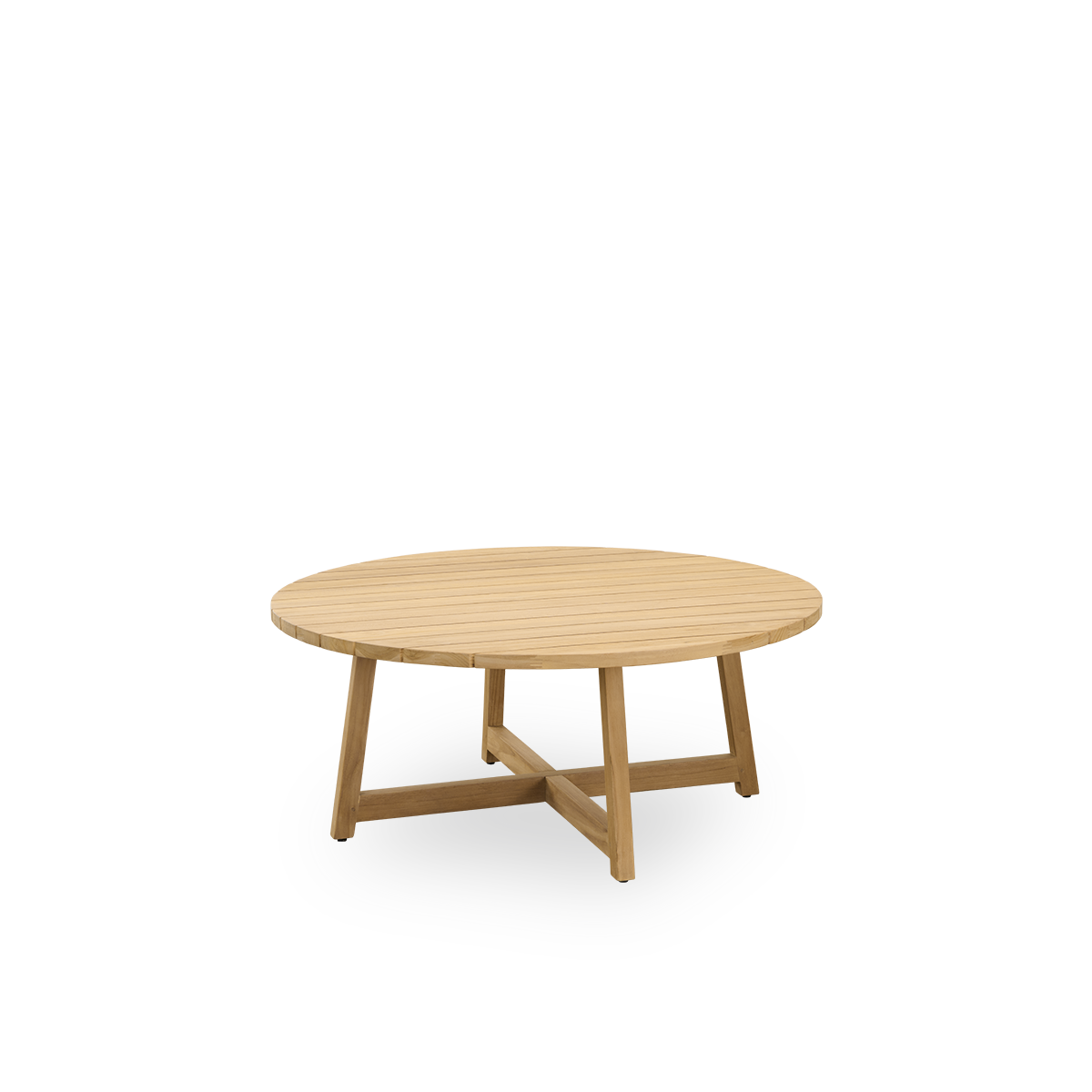 Seitenansicht des runden Victor Outdoor-Teak-Loungtisches Ø120 cm. Handgefertigt aus hochwertigem, zertifiziertem indonesischem Legal Wood.