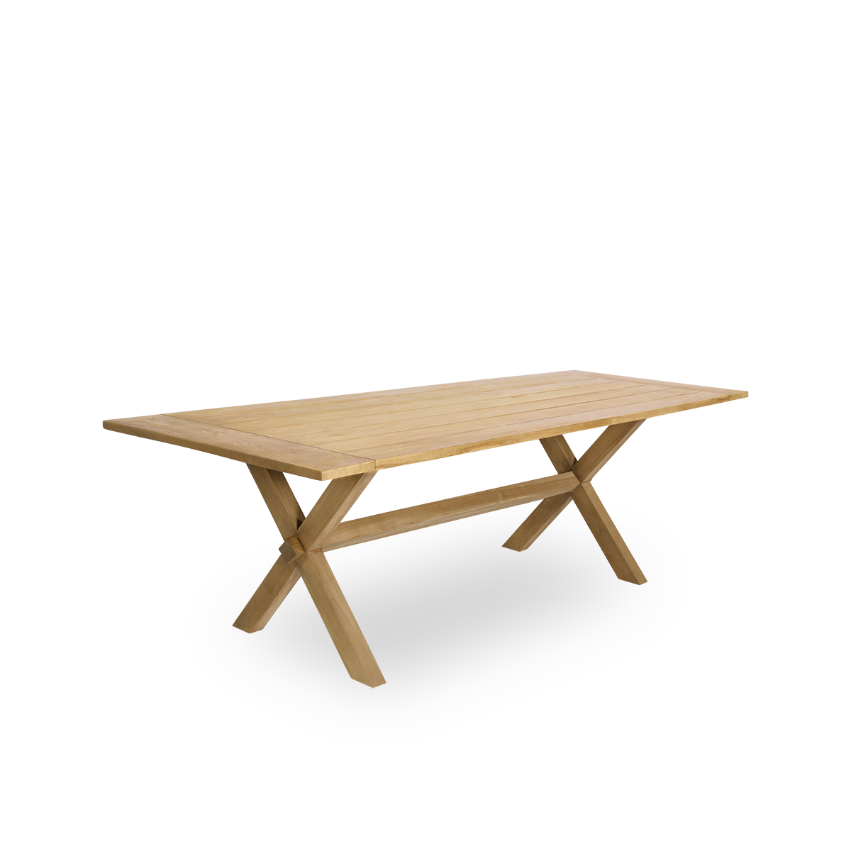 Seitenansicht des Colonial Outdoor-Teak-Esstisches 300x100 cm, geeignet für 8 Personen. Der Tisch hat eine braune Kastanienfarbe, wobei die Holzplatten mit einem kleinen Abstand zueinander angeordnet sind.