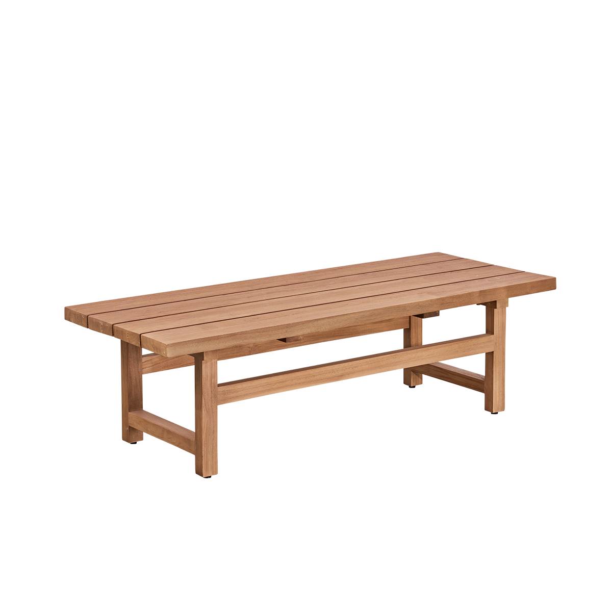 Seitenansicht des Julian Outdoor-Loungetischs aus Teakholz, 140×55 cm, handgefertigt aus Premium-Teak aus Indonesien in kastanienbrauner Farbe, zertifiziert als „Indonesian Legal Wood“.