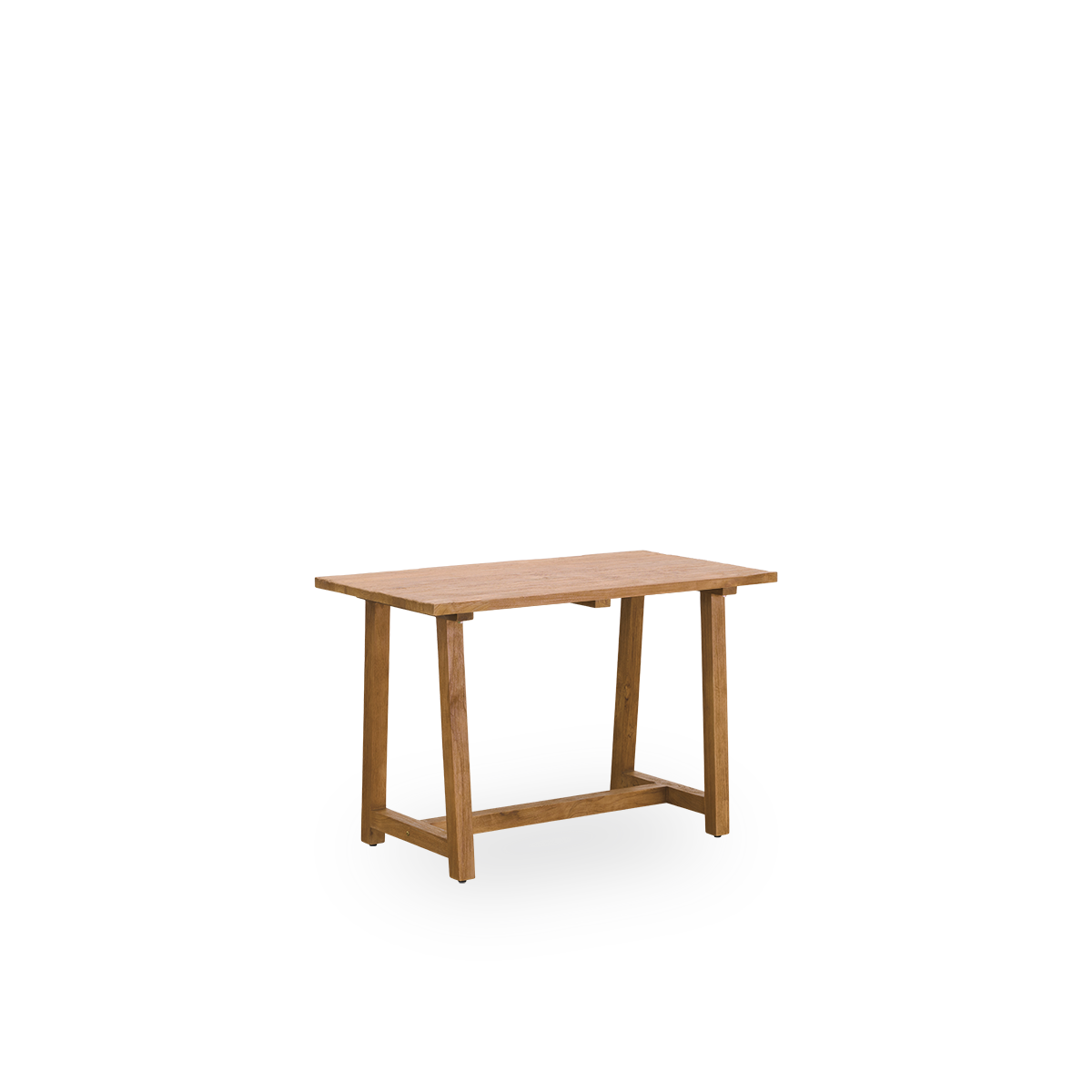 Seitenansicht des Lucas Indoor-Teakschreibtischs aus elegantem, patiniertem Teakholz mit rustikalem Aussehen in natürlicher Kastanienfarbe.