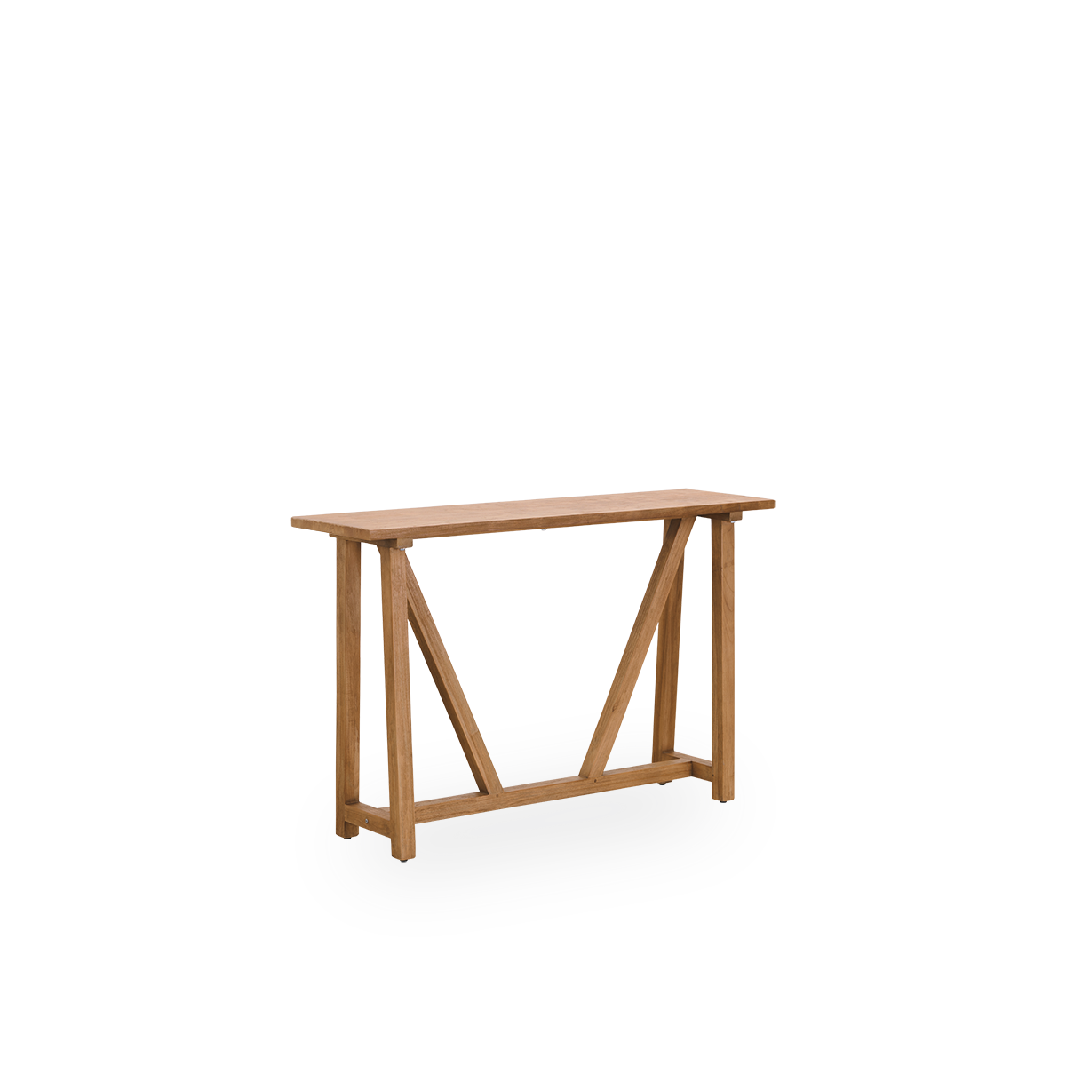 Seitenansicht des Lucas Indoor Konsolentisch aus elegantem, patiniertem Teakholz mit rustikalem Aussehen in natürlicher Kastanienfarbe.
