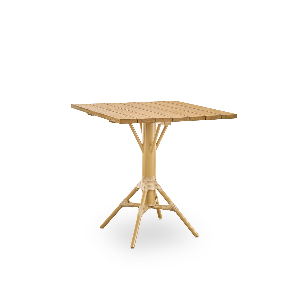 Seitenansicht des Nicole Outdoor-Café-Tisches, inspiriert vom französischen Café-Stil. Pulverbeschichtete Aluminiumstütze in Mandel-Farbe mit ArtFibre-Umschlingungen, mit runder Teakholzplatte in Kastanienbraun, Ø80 cm.