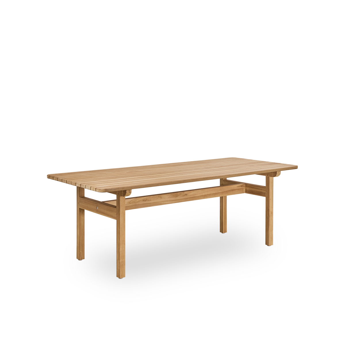 Seitenansicht des Tobias Outdoor-Teakholztisches, entworfen von Arne Jacobsen, Größe 205x91 cm. Handgefertigt aus hochwertigem, zertifiziertem indonesischem Teakholz.