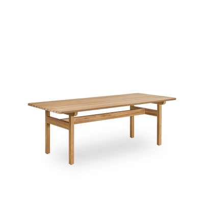 Seitenansicht des Tobias Outdoor-Teakholztisches, entworfen von Arne Jacobsen, Größe 205x91 cm. Handgefertigt aus hochwertigem, zertifiziertem indonesischem Teakholz.