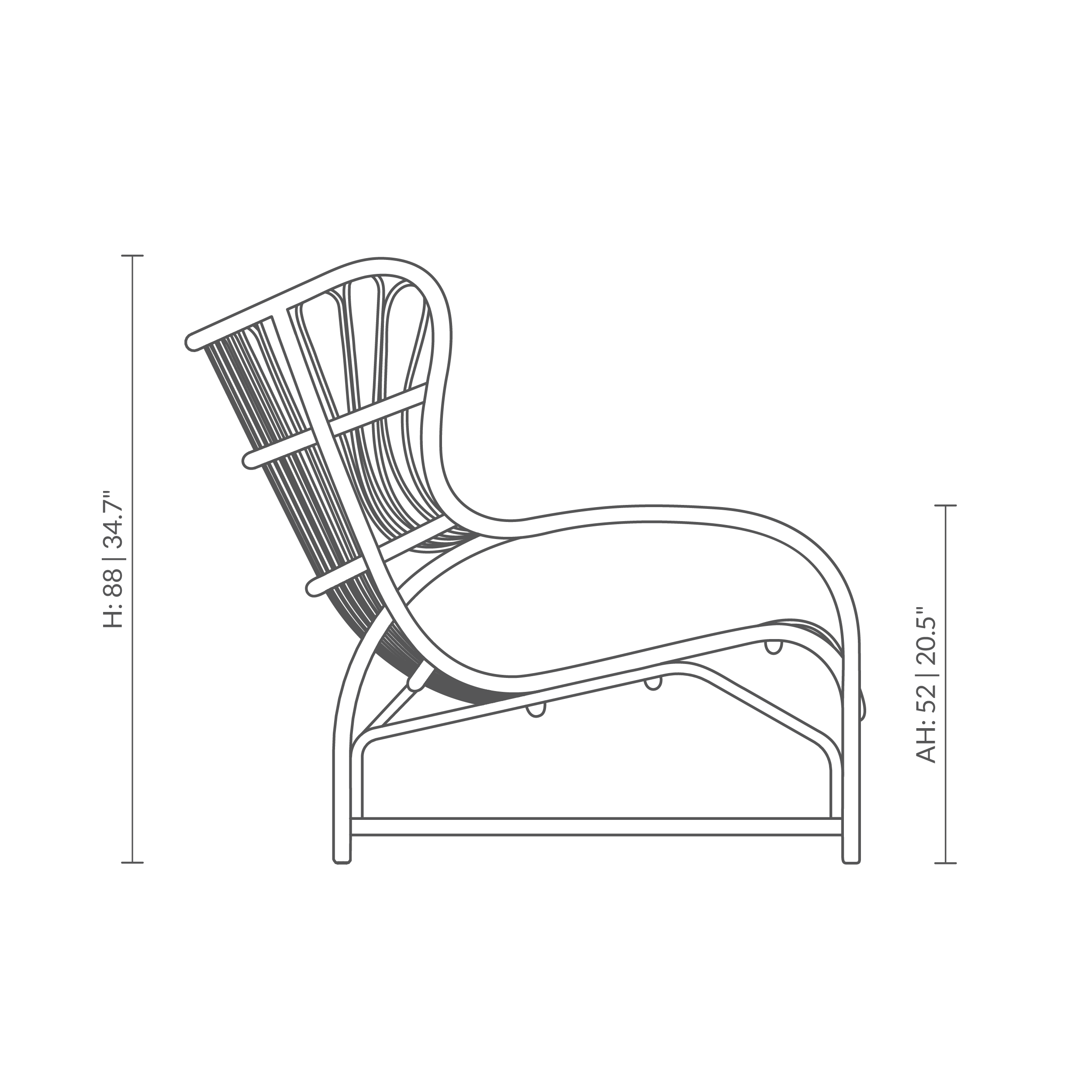Dies ist eine Maßzeichnung von VB-17 - Teddy Lounge Chair. Technische Zeichnung mit Produktmaßen.