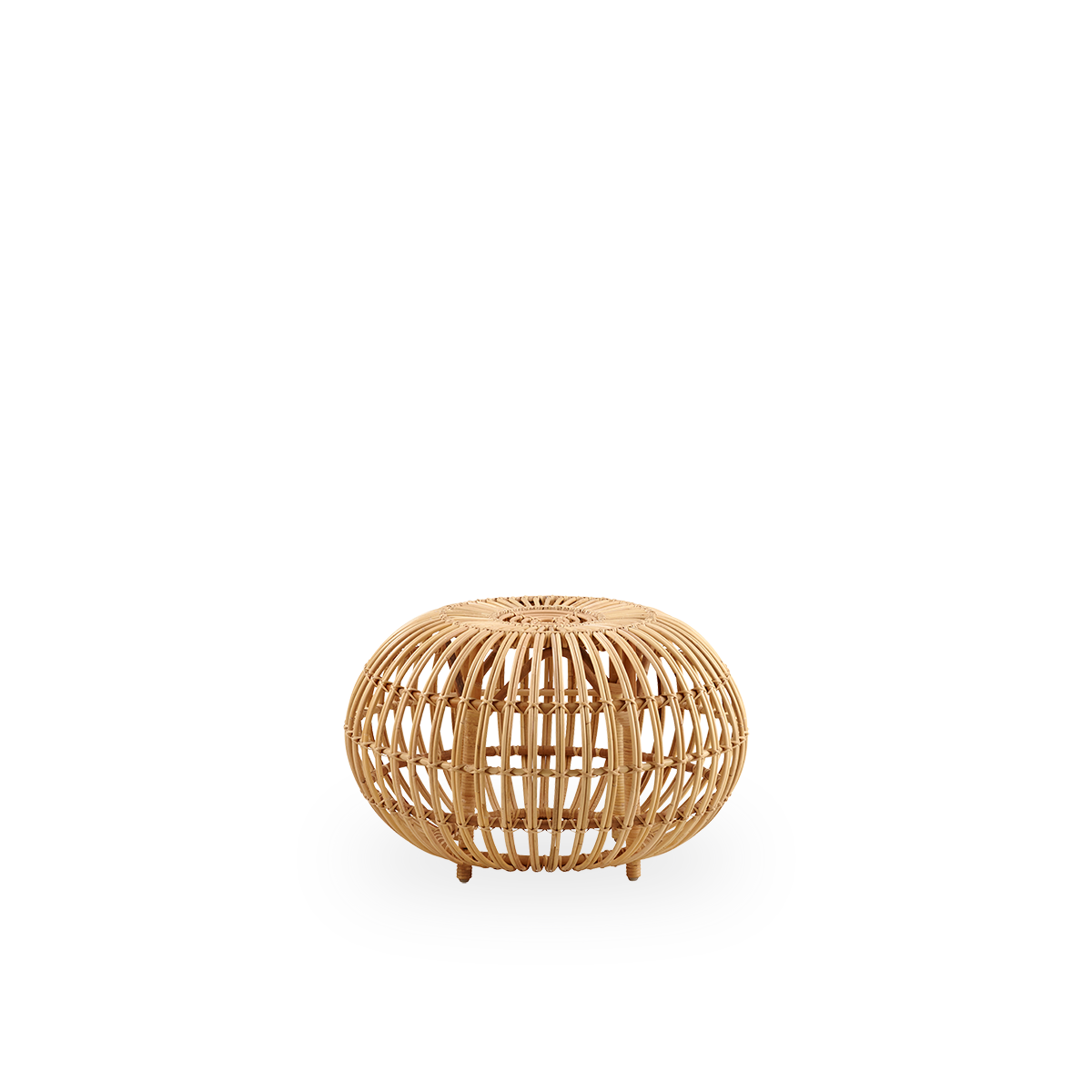 Seitenansicht des großen Ottomans Ø65 cm, entworfen von Franco Albini & Franca Helg. Handgefertigt aus hochwertigem Rattan in natürlicher Farbe.