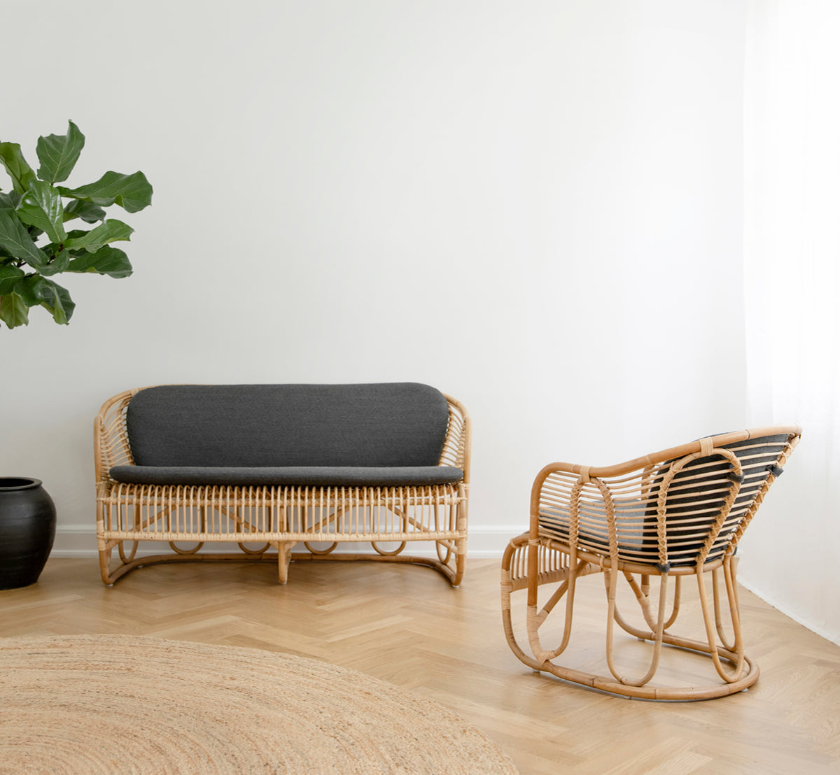 Dies ist ein Lifestyle-Bild von Swing Sofa in polished natural rattan. Auf einem Teppich neben einer Geigenfeige auf Parkett platziert.