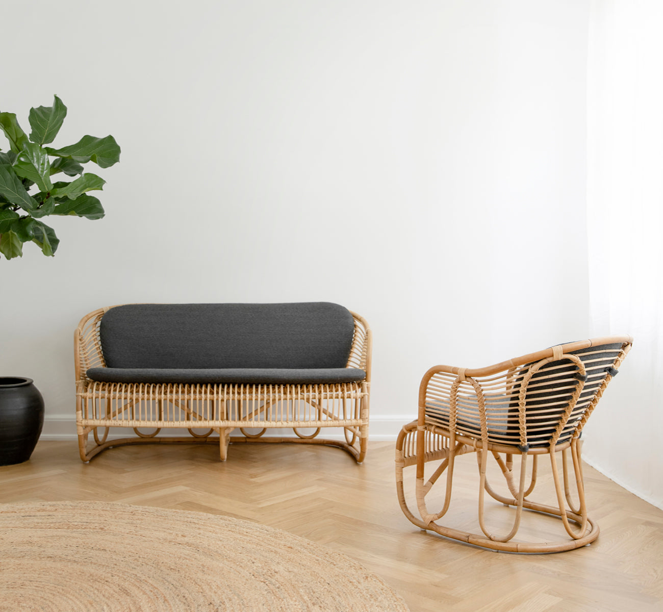 Dies ist ein Lifestyle-Bild von Swing Sofa in polished natural rattan. Auf einem Teppich neben einer Geigenfeige auf Parkett platziert.