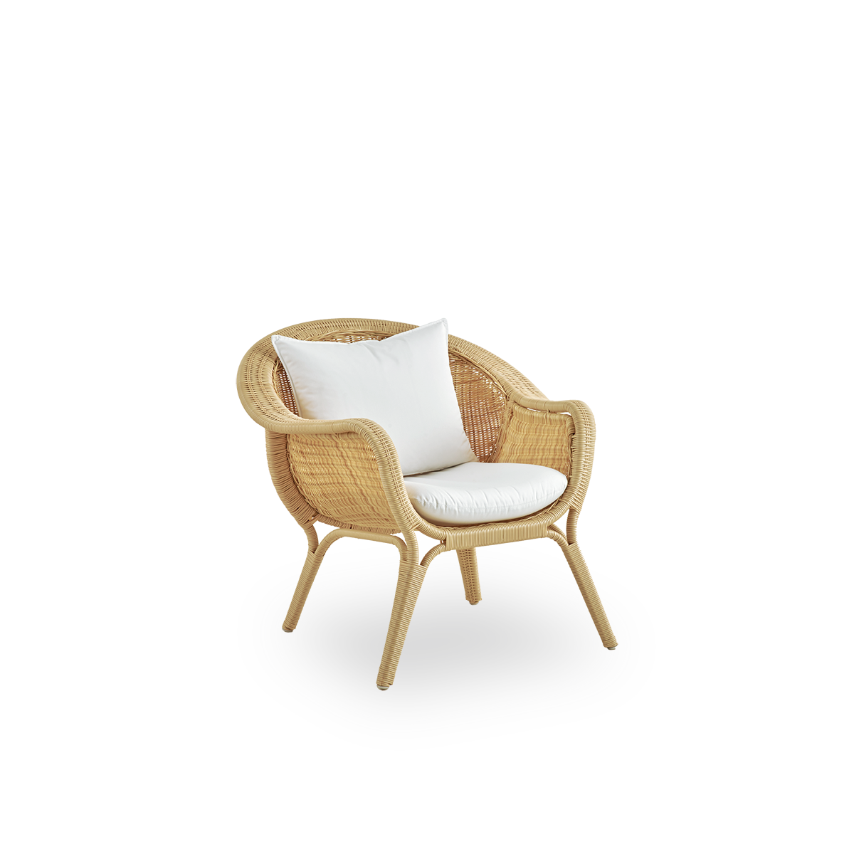 Seitenansicht des Madame Outdoor-Loungestuhls, entworfen von Nanna & Jørgen Ditzel. Vollständig geflochtener Loungestuhl mit weichem, femininem Muschel-Design. Rahmen aus Aluminium, geflochten mit ArtFibre.