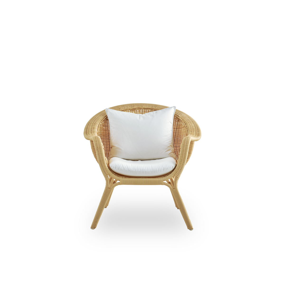 Vorderansicht des Madame Exterior Loungesessels, entworfen von Nanna & Jørgen Ditzel.
Vollständig geflochtener Loungesessel mit weichem, femininem muschelförmigem Design. Rahmen aus Aluminium, geflochten mit ArtFibre.