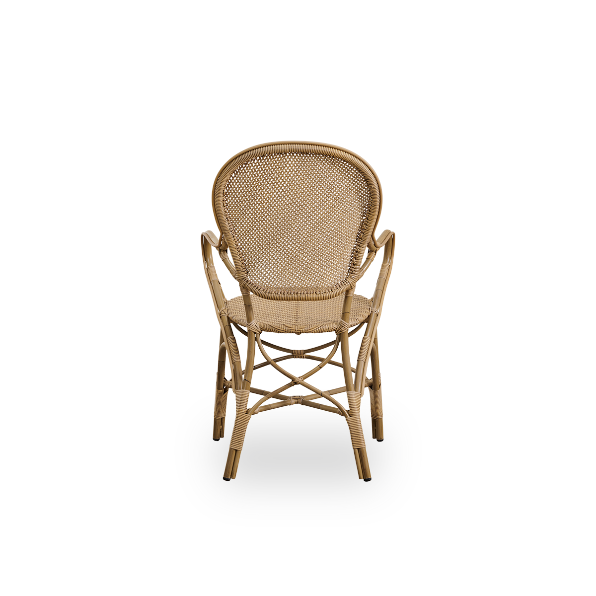 Rückansicht des Rossini-Outdoor-Essstuhls mit Armlehnen in der Farbe Antik. Eleganter Stuhl mit runder Rückenlehne und Armlehnen in schlichtem Design. Aluminiumrahmen in Rattanoptik mit geflochtenem Sitz und Rückenlehne aus ArtFibre.