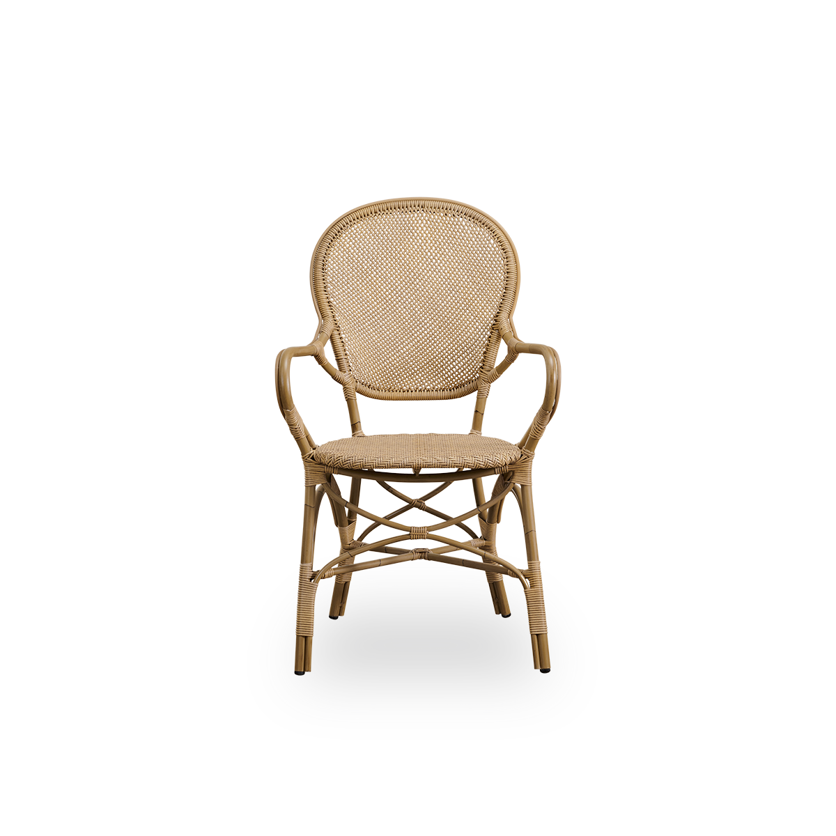 Frontansicht des Rossini Outdoor-Esssessels in Antikfarbe.
Eleganter Stuhl mit runder Rückenlehne und Armlehnen in schlichtem Design. Aluminiumrahmen in Rattanoptik mit geflochtenem ArtFibre-Sitz und -Rückenlehne.