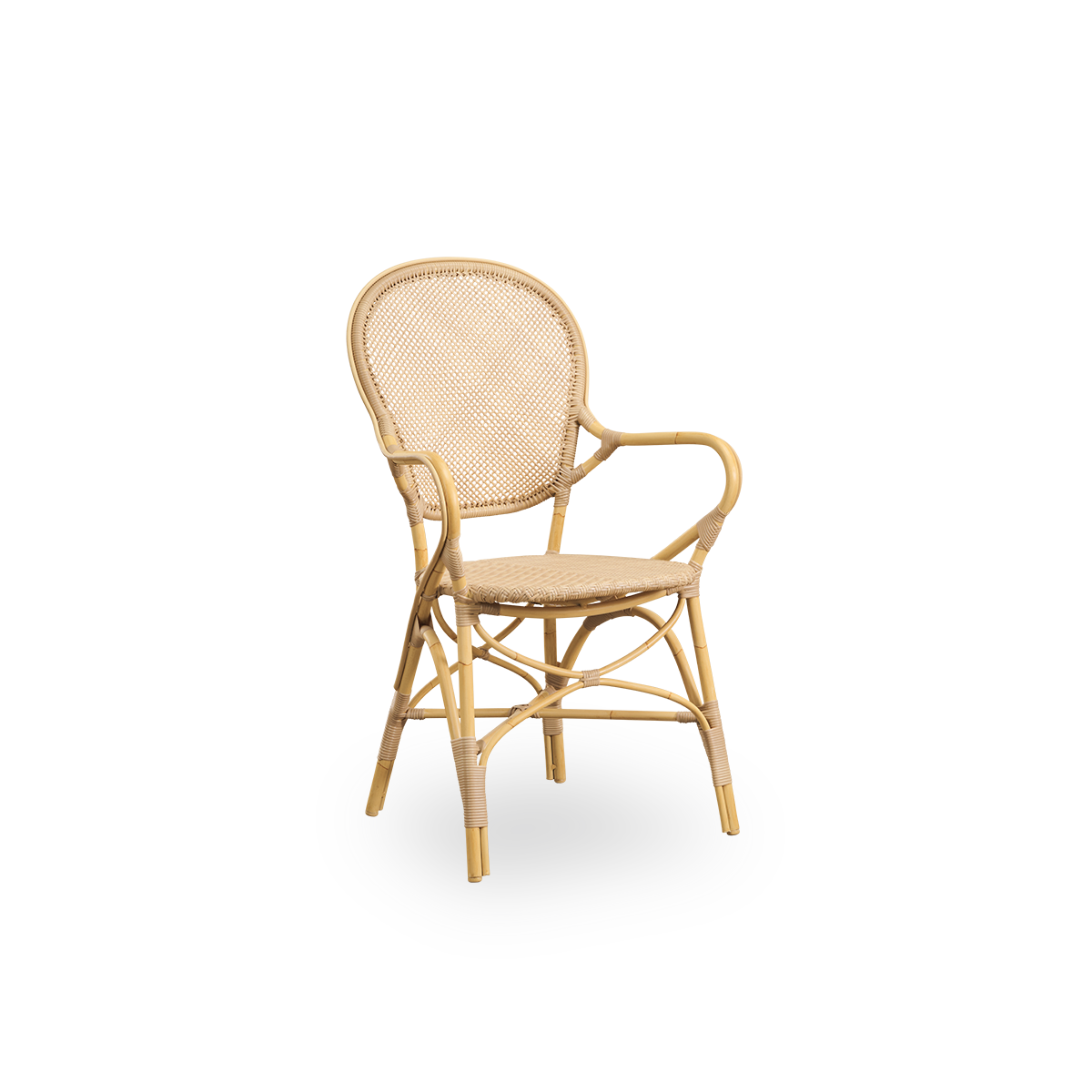 Seitenansicht des Rossini Outdoor-Essstuhls mit Armlehnen in Naturfarbe. Eleganter Stuhl mit runder Rückenlehne und Armlehnen in schlichtem Design. Aluminiumrahmen im Rattan-Look mit geflochtenem ArtFibre-Sitz und Rückenlehne.