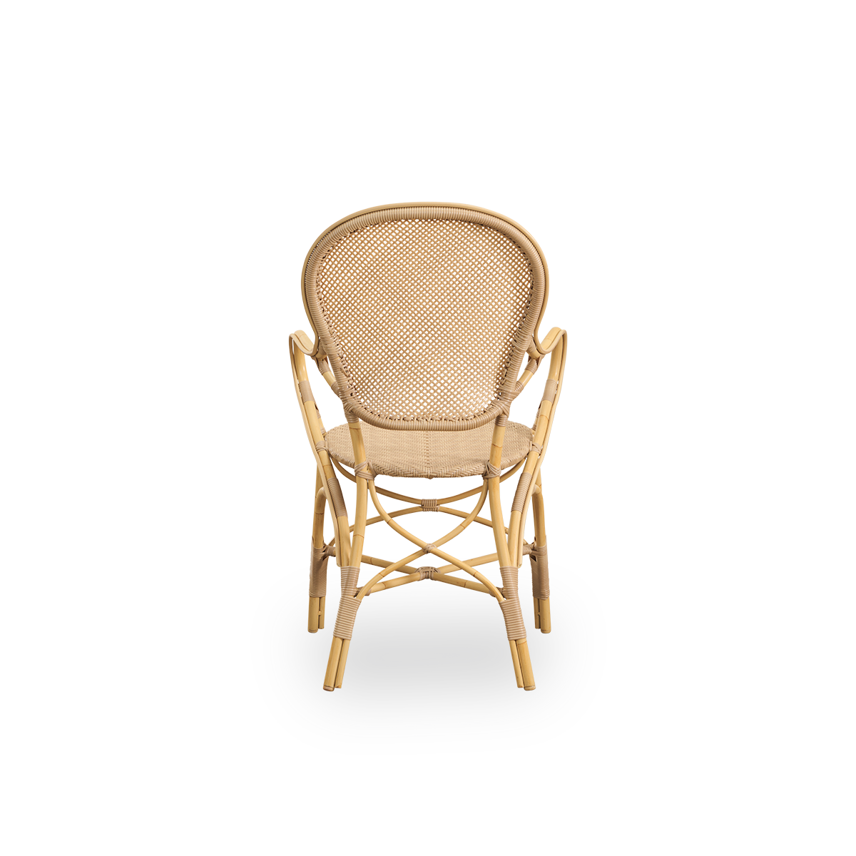 Rückansicht des Rossini-Outdoor-Essstuhls mit Armlehnen in Naturfarbe. Eleganter Stuhl mit runder Rückenlehne und Armlehnen in schlichtem Design. Aluminiumrahmen in Rattanoptik mit geflochtenem Sitz und Rückenlehne aus ArtFibre.