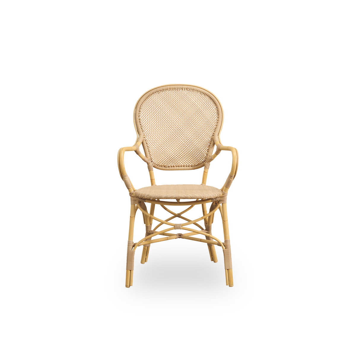 Frontansicht des Rossini Outdoor-Esssessels in Naturfarbe.
Eleganter Stuhl mit runder Rückenlehne und Armlehnen in schlichtem Design. Aluminiumrahmen in Rattanoptik mit geflochtenem ArtFibre-Sitz und -Rückenlehne.