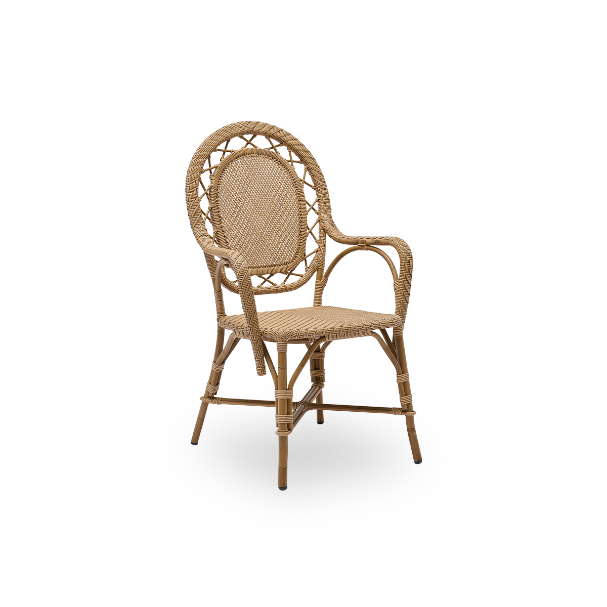 Seitenansicht des Romantica Outdoor-Essstuhls in Antique-Braun. Eleganter, romantischer Essstuhl mit runder Rückenlehne und vollständig geflochtenem Sitz im charmanten dänischen Design. Aluminiumrahmen im Rattan-Look mit ArtFibre-Umschlingungen.