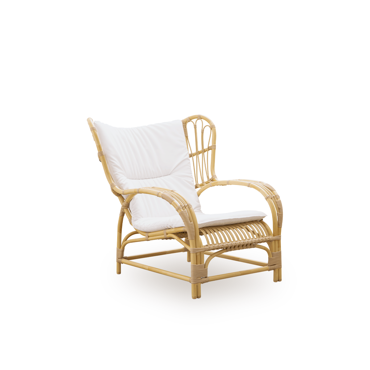 Seitenansicht des Teddy Exterior Loungestuhls, entworfen von Viggo Boesen. Großer, umschließender Loungesessel aus Aluminiumrahmen in Rattan-Optik mit ArtFibre-Umwicklungen.