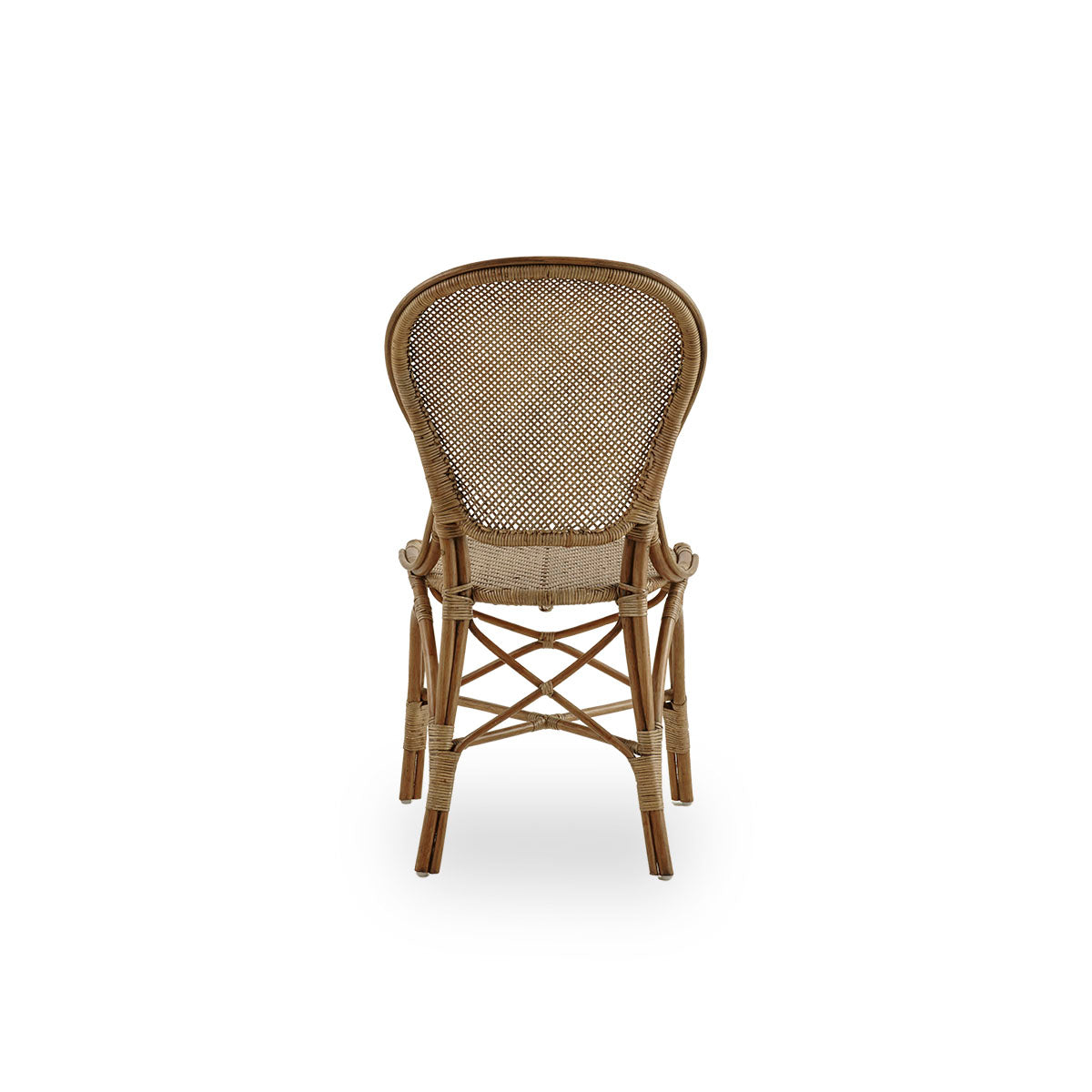 Plain back view of Rossini dining chair in antique brown color. Elegant wicker chair with round backrest in simple design. Handcrafted from high quality rattan.